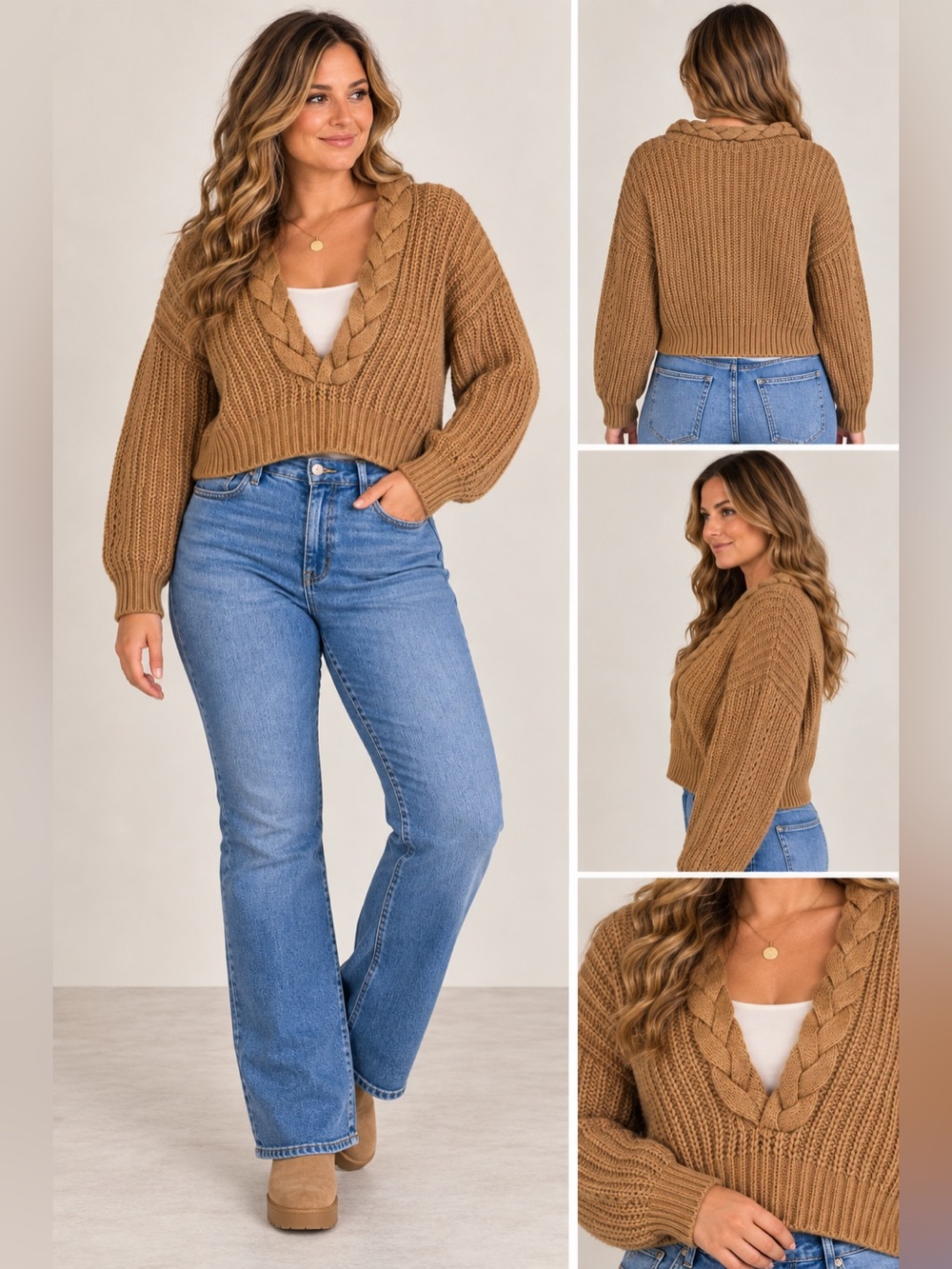 dh New York Braided V-Neck Cropped Sweater Tan Camel Ribbed Knit M/L